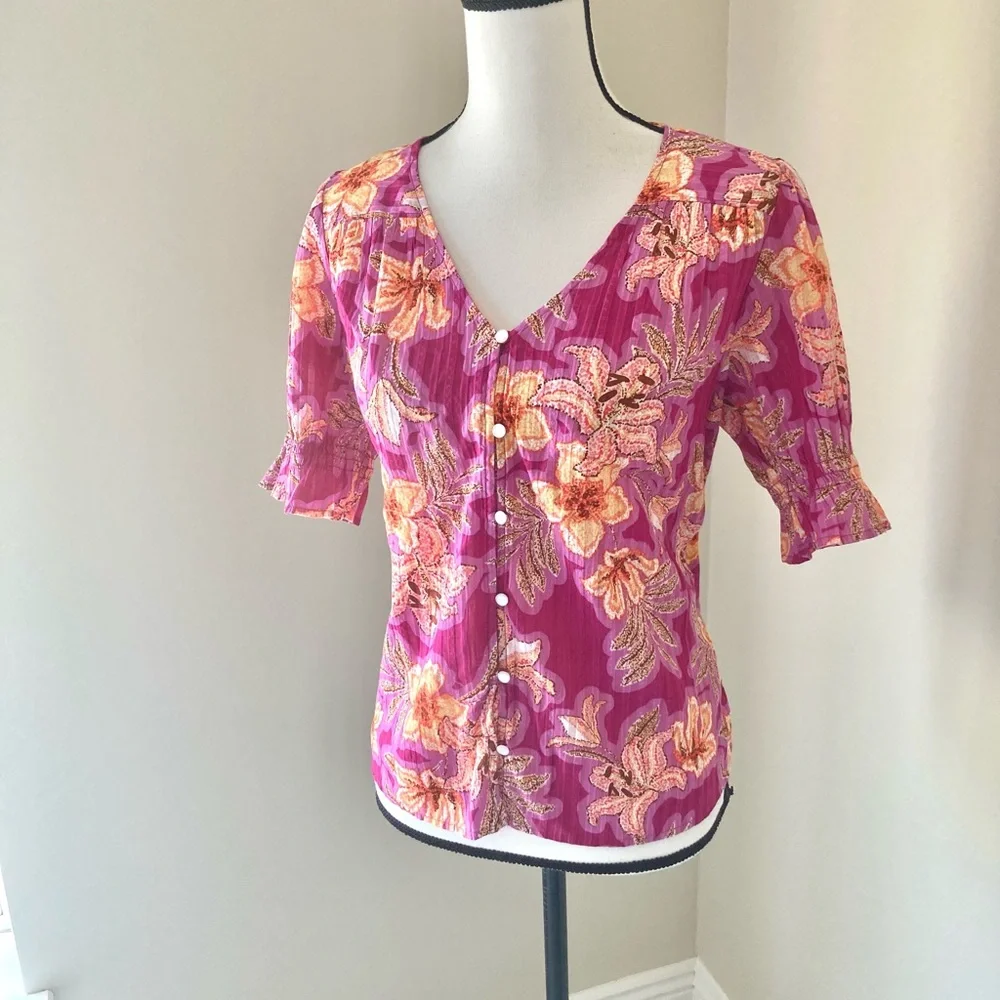 NWT Loft Vibrant Pink Floral Puff Sleeve Button-Up Blouse Size S